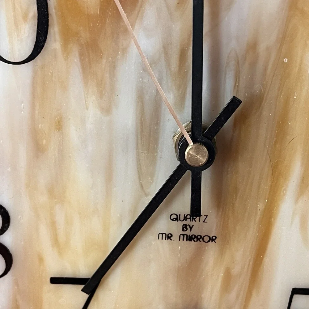 VNTG Mr. Mirror Slag Glass Mid Century‎ Square Wall Clock MCM Wood Frame Works